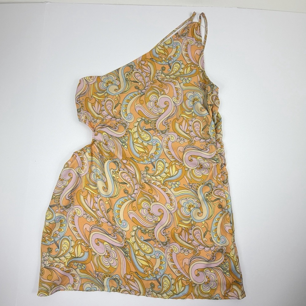 American Eagle One Shoulder Paisley Mini Dress Women's Large Orange Multi - Picture 2 of 10